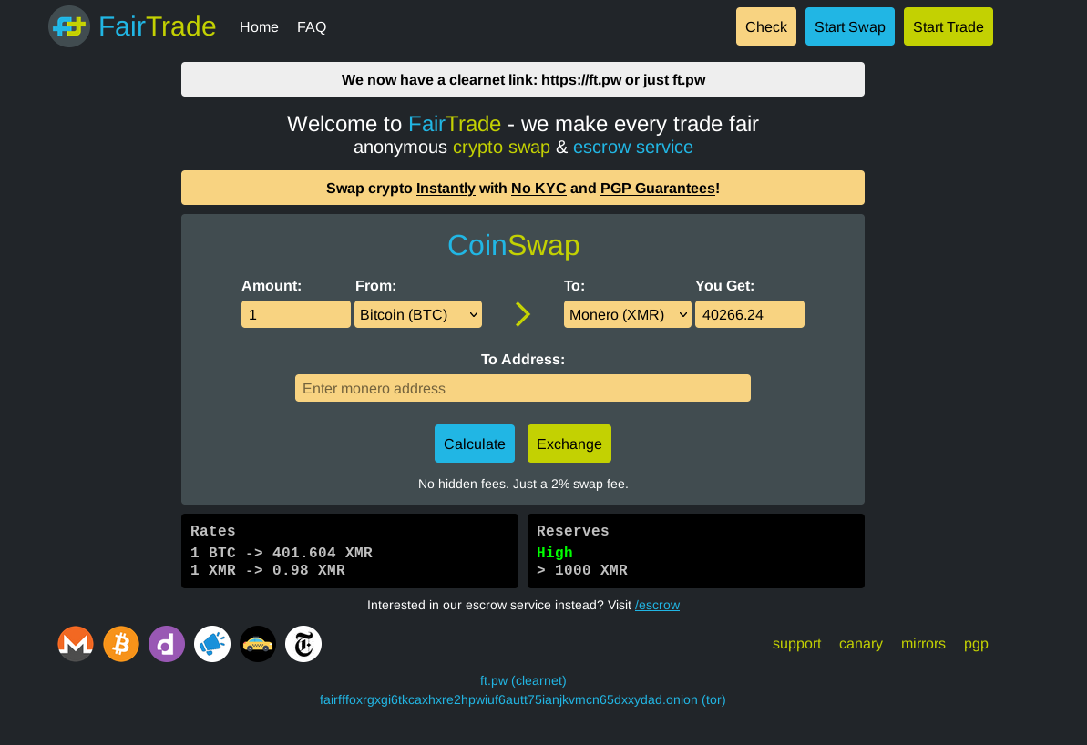 FairTrade - Anonymous cryptocurrency exchange platform interface showing secure transaction features